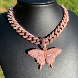 Rose Gold Butterfly Pendant + Cuban Chain Iced